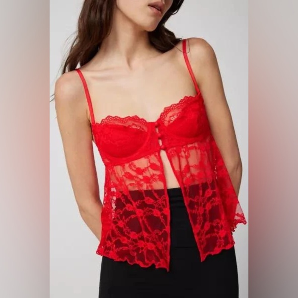 UO Out From Under Cherie Sheer Lace Cropped Babydoll Cami Top